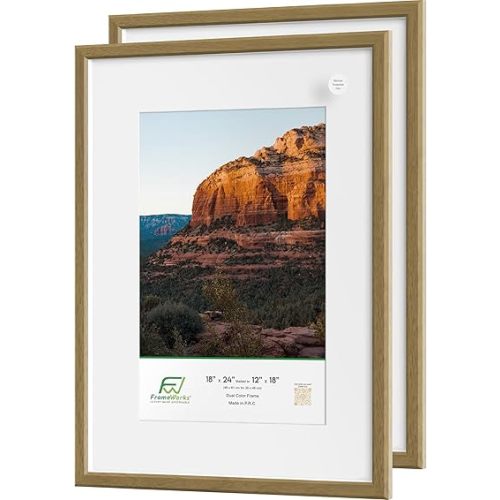 FrameWorks 2-Pack 1 3/8" Thick Light Oak Wooden Shadow Box Picture Frames 18" x 24" with Removable White Mat to 12"x18" Photo