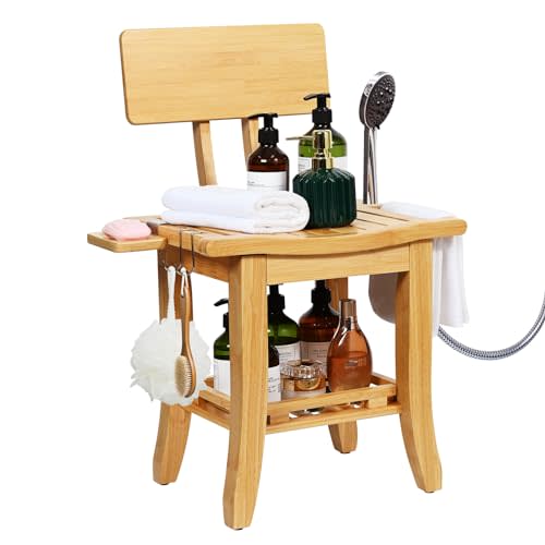 Bamboo Shower Chair for Inside Shower Adults Elderly Disabled | Two-Tier Shower Bench with Storage Shelf, Soap Dish, Shower Head Holder, Watrerproof Shower Seat for Pregnant