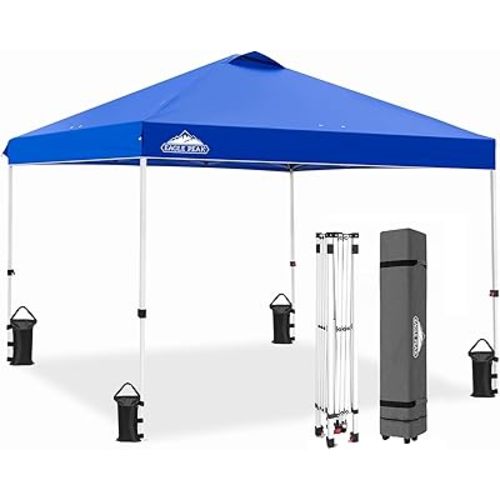 EAGLE PEAK Pop Up Canopy Tent with Wheeled Carry Bag, 8 Stakes, 4 Ropes, 4 Weight Bags, Easy Set Up Tent Canopy, 10x10 ft, 100sqft of Shade, Blue