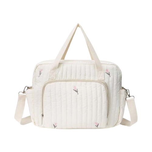 Embroidery Stylish Quilted Diaper Bag for Mom – Portable Travel Baby Tote with Adjustable Strap, Beige