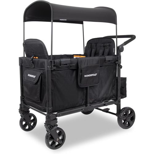 WONDERFOLD W4 Elite Pro Stroller Wagon (4 Seater) - Collapsible Wagon Stroller with Seats with 5-Point Harnesses, Adjustable Push Handle, and Adjustable Sun Canopy, Jet Black