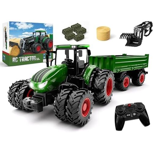 Uarzt Remote Control Tractor Toy with Trailer | Metal Front & Front Loader Farm Vehicle Set with Lights & 8-Wheel Design, RC Tractor Truck for Boys Ages 3-9, Fun Farm Toy Gift for Kids