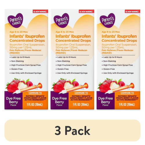 (3 pack) Parent's Choice Ibuprofen Infants’ Drops, Pain Reliever, Fever Reducer, Dye Free, 1 fl oz (US)