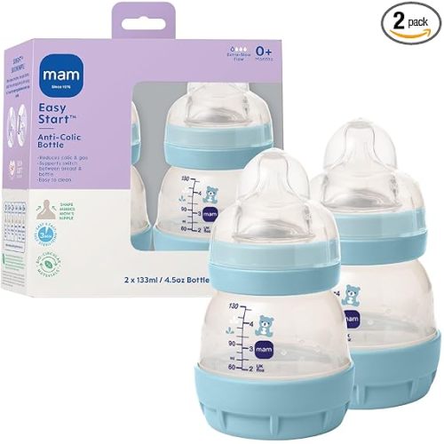 MAM 4.5oz Easy Start Anti-Colic+ Vented Baby Bottle, 0+ Months, 2 Pack, Boy | Extra Slow Flow Breastfeeding-Like Silicone Nipple,Dual Anti-Colic Bottle Reduces Colic, Gas & Reflux, Easy Clean, BPA Free