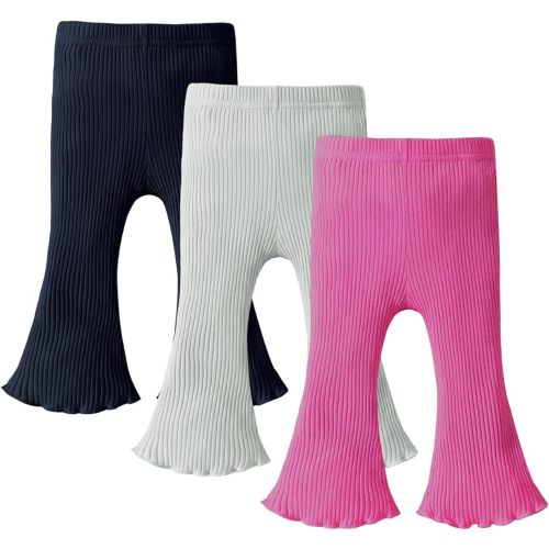 DREAM BUS 3 Pack Baby Girl Pants Toddler Leggings Solid Ribbed Cotton Baby Girls Flare Pants Toddler Bell Bottoms