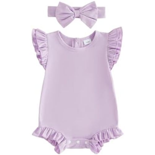 Newborn Baby Girl Summer Outfit Solid Ruffle Bubble Romper Shirt Flutter Sleeve Bodysuit Headband Clothes