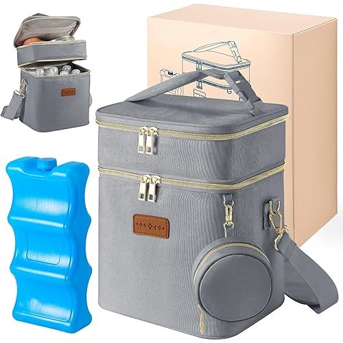 Breastmilk Cooler Bag with Ice Pack & Pacifier Case, Large Double Layer Insulated Baby Bottle Cooler Fits 6 Bottles, Breast Pump Storage Bag for Working Nursing Moms, with Gift Box