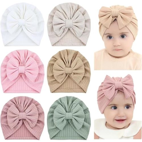 Cinaci 6 Pack Soft Turban Hats with Bow Donut Nursery Hospital Caps Beanies Bonnets for Baby Girls Newborns Infants Toddlers