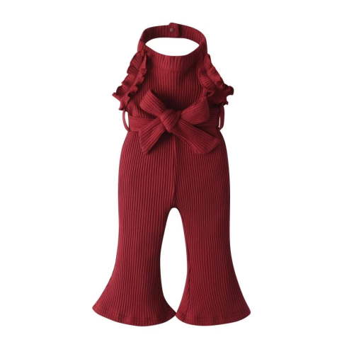 Infant Baby Girl Clothes Solid Jumpsuit Sleeveless Ruffle Halter Bodysuit Bell-Bottoms Pants Outfits Set Maroon 9-12 Months