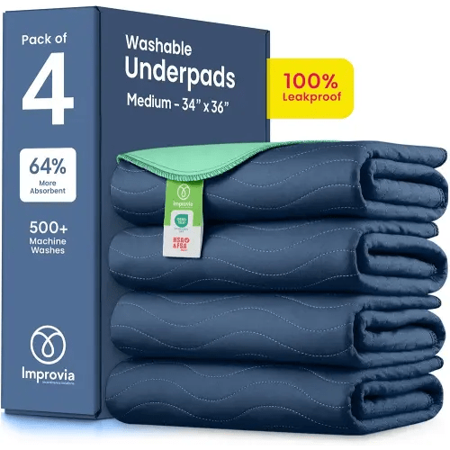 IMPROVIA® Washable Underpads 34" x 36" Pack of 4 Heavy Absorbency Reusable Bedwetting Incontinence Pads for Adults, Kids, & Pets - Waterproof Protective Pad for Bed, Couch, Sofa, Floor (Navy & Green)