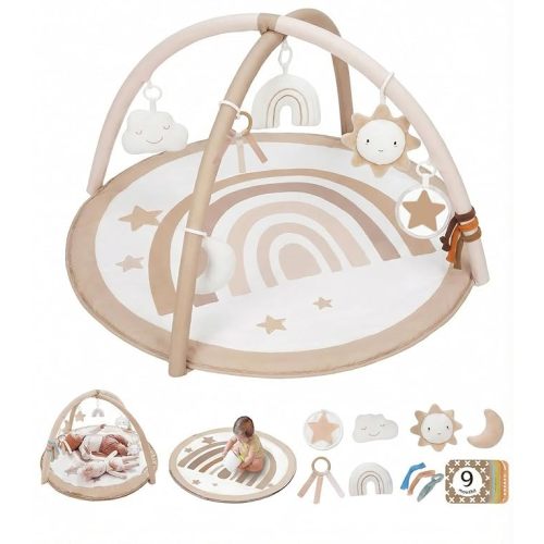 Little Dove Tummy Time Mat with 6 Toys, Macrame Baby Play Mat for Newborn, Baby Gym with 12 Milestone Cards, Stage-Based Sensory and Motor Skill Development Baby Play Gym, Non Slip Mat Washable, Khaki