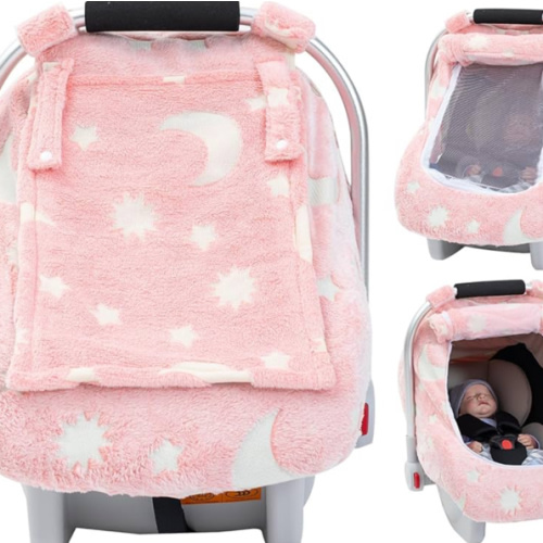 Winter Baby Car Seat Cover, Infant Car Seat Cover Glow in The Dark, Cozy & Warm Carseat Canopy for Boys and Girls, Baby Carrier Cover with Zipper Peep Windows for Baby Registry Essentials