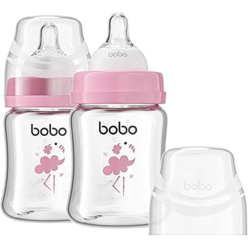YOHKOH Glass Baby Bottles with Slow Flow Nipple, Newborn Anti-Colic Baby Bottles for 0+ Months, Wide Neck Feeding Bottle, Clear (Red, 5oz (Pack of 2))
