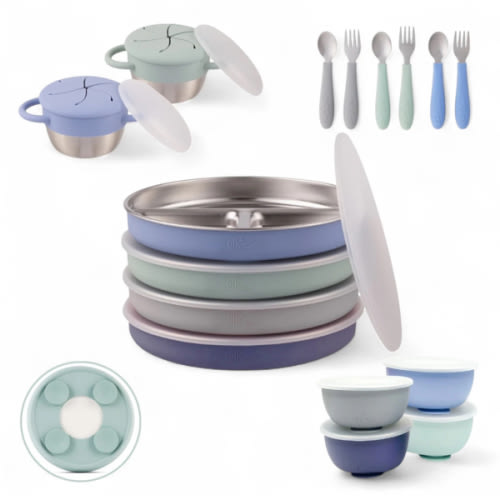 Stainless Steel Mealtime Bundle | Suction Sleeves | Plates, Bowls, Snack Cups + Toddler Utensils | 16 Pcs |  Sage/MistyBlue/Navy/Gray