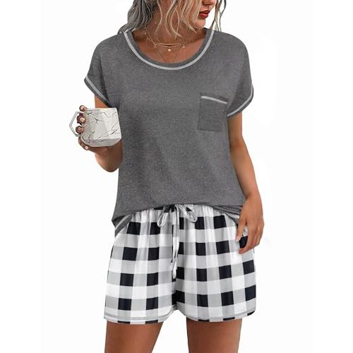 Ekouaer Womens Pajama Sets 2 Piece Pjs Short Sleeve Top and Shorts | Soft Sleepwear Round Neck Lounge Set with Pockets for Sleeping, Daily Wear