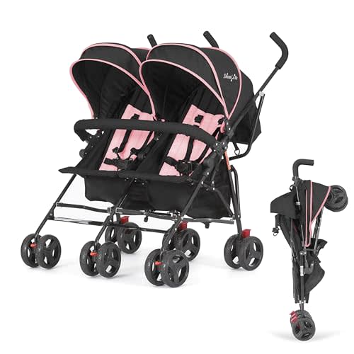 Dream On Me Volgo Twin Baby Stroller, Lightweight Side-by-Side Double Umbrella Stroller with Adjustable Canopy, 5-Point Harness, Storage Basket & Travel-Friendly Fold – Pink