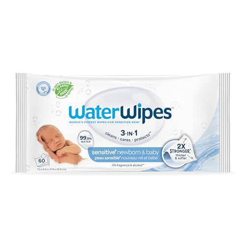 WaterWipes Sensitive+ Newborn & Baby Wipes, 3-In-1 Cleans, Cares, Protects, 99.9% Water, Unscented & Hypoallergenic, 60 Count