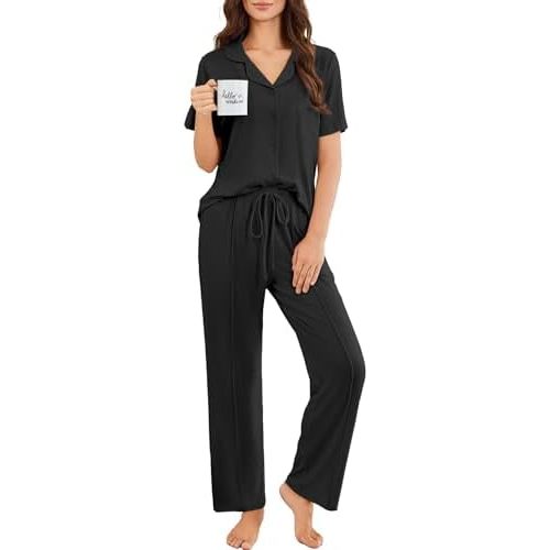 Ekouaer Pajamas for Women Set Button Up Sleepswear 2 Piece Short Sleeve PJ Top and Long Pants Loungwear With Pocket S-XXL