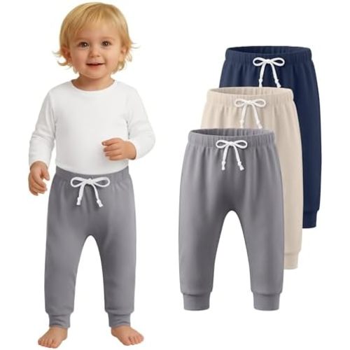 3 Pack Toddler Pants Pull On Baby Boys and Girls Sweatpants Basic Casual Kids Soft Joggers with Drawstring