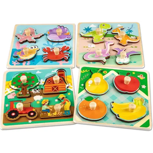 Wooden Toddler Puzzles - 4 Pcs Eco-Friendly Animal Patterns Jigsaw With Handles - Infant Kid Fine Motor Skill Learning Educational Montessori Toys for 1-3 Years Old
