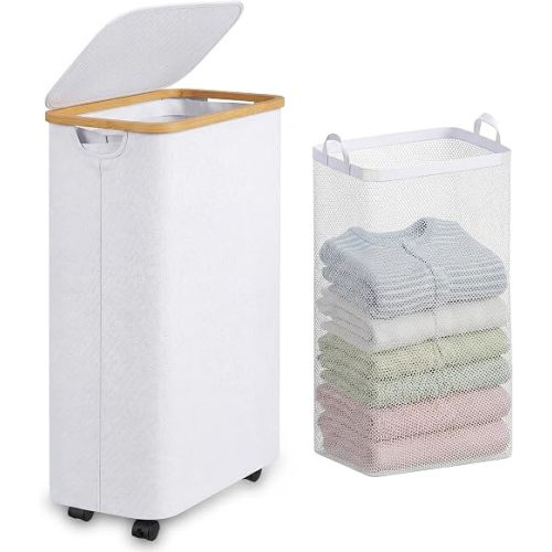 Laundry Basket with Wheels, 75L(20 Gal) Clothes Hamper for Laundry, Laundry Hamper with Lid and Inner Bag, for Laundry Room, Bedroom, Dormitory Storage,White