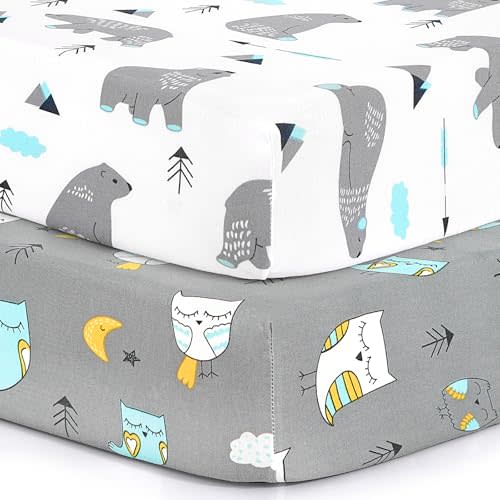 Pack n Play Sheets, BROLEX 2 Pack Mini Crib Sheets,Stretchy Portable Fitted Playard Sheet Set, Convertible Playard Mattress Cover,Ultra Soft Breathable Material,Owl & Bear
