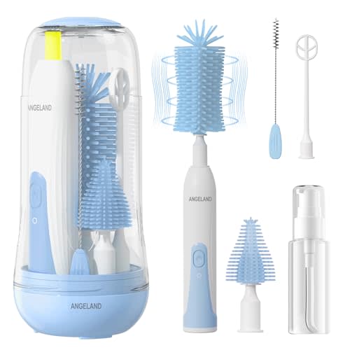 Electric Bottle Brush Cleaner, Rechargable Electric Baby Bottle Brush Cleaner with Nipple & Straw Brush, Travel Baby Bottle Brush with Drying Rack, Perfect Essentials for Mom After Birth, Blue