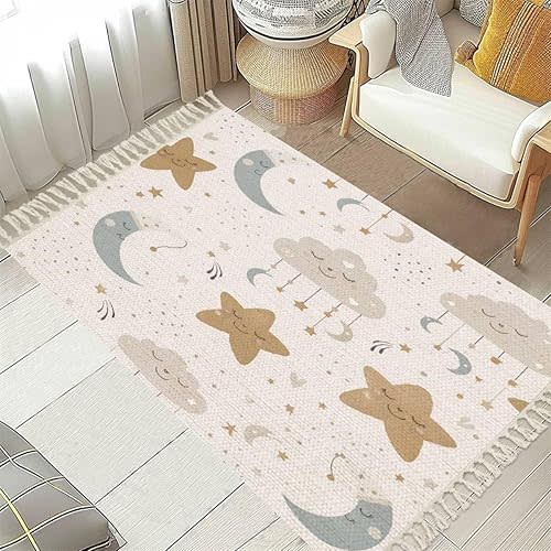 Boho Kid Bedroom Playroom Nursery Area Rugs Cute heavenly seamless Cartoon baby print a sleeping moon star cloud Tassels Carpet Patio Hallway Runner Mat Pad Home Decor Living Room Indoor Outdoor