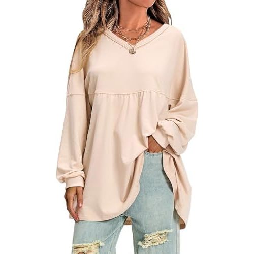 EXLURA Womens Fall Long Sleeve Shirts V Neck Casual Maternity Tops Loose Babydoll Pullover Dressy Tunic Blouse Outfits 2025