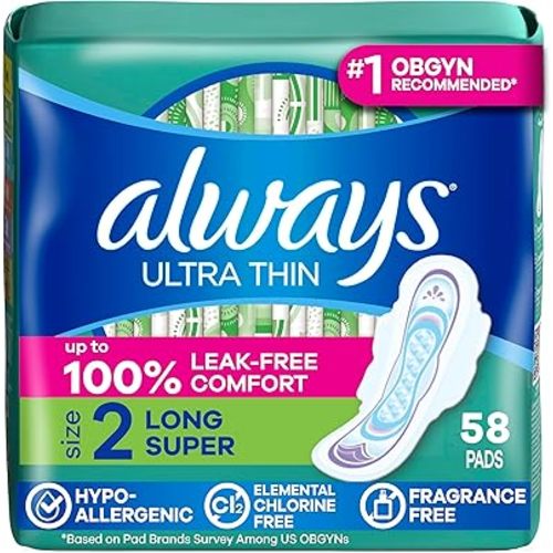 Always Ultra Thin Pads with Wings, Size 2, Long Super, 58 Count