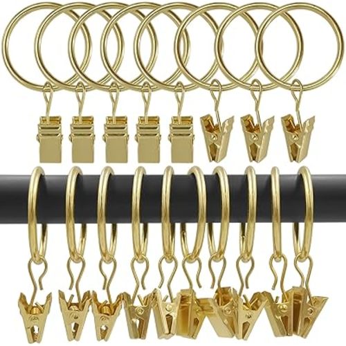 100 Pack Curtain Rings with Clips, Curtain Clip Rings Hooks, Bow Hanger Clips for Hanging Drapery Drapes Bows, Ring 1.26 inch Interior Diameter, Fits up to 1" Rod, Gold