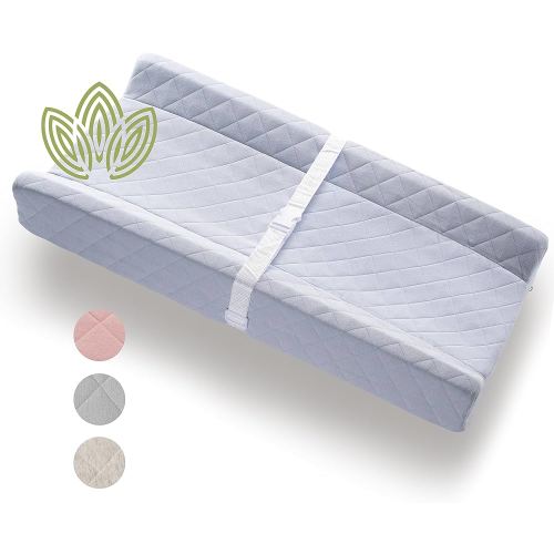Organic Cotton Contoured Baby Changing Pad w/Waterproof Foam Mattress, Includes Soft, Removable & Washable Cover, Safety Strap, Non-Slip Bottom, Topper for Standard Size Infant Diaper Table & Dresser