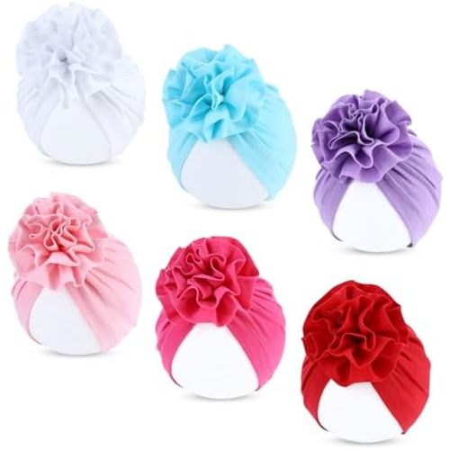 Cinaci 6 Pack Soft Stretchy Caps Bonnets Headwraps with Big Flower Turban Hats for Baby Girls Newborns Infants Toddlers