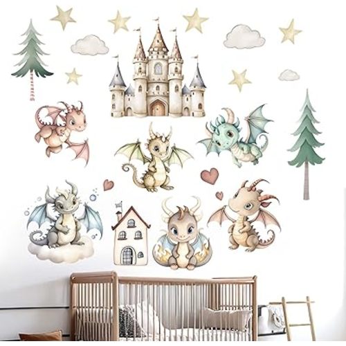 Baby Dragon Wall Stickers for Nursery: Kids Boys Girls Bedroom Wall Decals - Cute Stars Clouds Tree