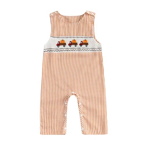 Ayalinggo My First Thanksgiving Baby Boy Outfit Sleeveless Jumpsuit Striped Overalls Turkey Smocked Romper Newborn Clothes