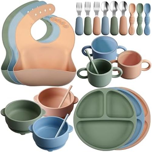 24 Pack Silicone Baby Feeding Set Baby LED Weaning Supplies Includes Suction Divided Plates Soft Bowl Spoons Forks Adjustable Bib Snack Cup and Straws(Dark Green, Dark Blue, Walnut Color)