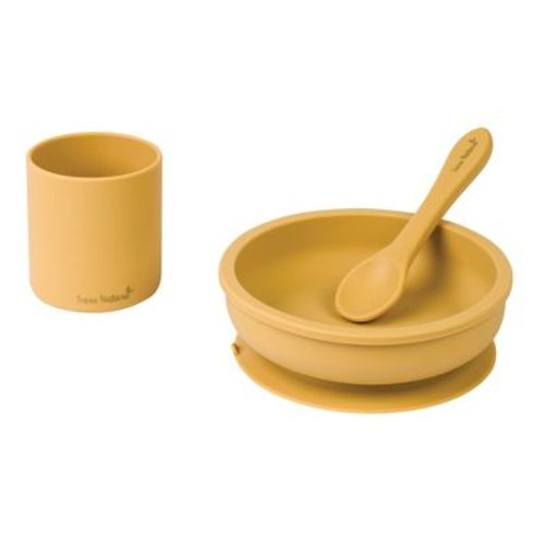 SARO "Nordic Party" Silicone Baby Feeding Set - Mustard: Suction Plate, Spoon & Cup for Infant Self-Feeding