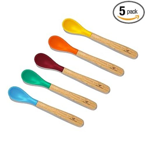 Avanchy Bamboo & Silicone Infant Training Spoons, BPA Free - Soft Tip, Easy on Gums, First Stage Feeding Utensils for Baby-Led Weaning, Self-Feeding, Assorted w/Blue