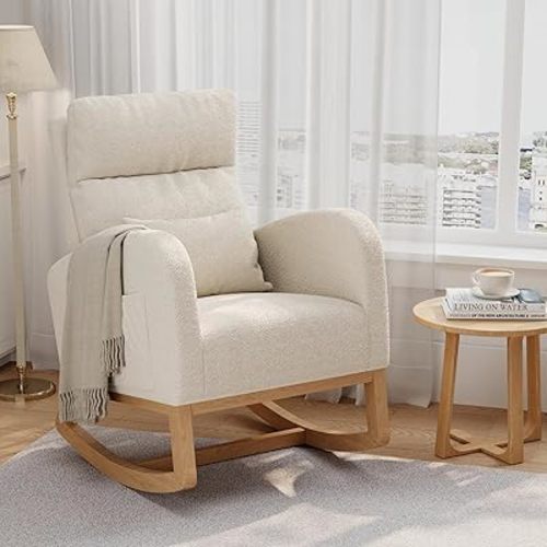 GarveeHome Teddy Fleece Rocking Chair, Modern Nursery Glider Chair with Side Pockets and Pillow, Rocker Chair for Living Room Bedroom Nursing Room, White