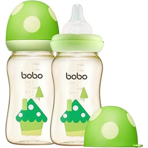 YOHKOH PPSU Baby Bottle Wide Neck, Newborn Anti-Colic Baby Bottle with Natural Response Nipple, Streamlined Body, Easy to Clean (8.8oz (Pack of 2), Green)
