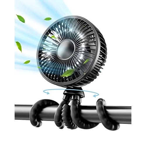 Gaiatop Baby Stroller Fan, 4000mAh Oscillating Mini Portable Fan with Light, 4 Speeds Battery Operated Small Handheld Desk Fan, 360° Rotate Flexible Tripod Clip On Fan for Car Seat Crib Travel Black