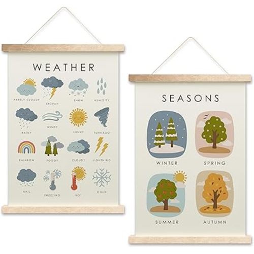 Weather Poster Hanging Flag, Four Seasons Canvas Wall Art For Playroom Homeschool Preschool, Nursery Learning Poster Hanger, Set Of 2 Educational Posters For Toddlers, Boho Classroom Decor, 05
