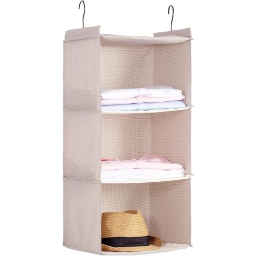 Hanging Closet Organizer, Easy Mount Foldable 3-Shelf Hanging Closet Wardrobe Storage Shelves, Clothes Handbag Shoes Accessories Storage, Imitation Linen Fabric, Beige Houndstooth