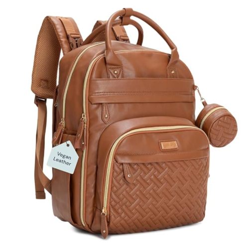 BabbleRoo Leather Diaper Bag Backpack - Baby Essentials Travel Baby Bag, Multi function, Water Resistant, with Changing Pad, Stroller Straps & Pacifier Case – Unisex, Natural Brown