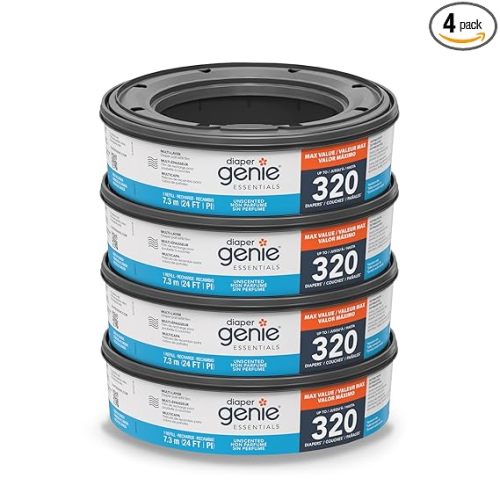 Diaper Genie Essentials Round Refill Pack of 4 | Holds Up to 1280 Newborn Diapers | Features Unscented Continuous Film | Compatible with Diaper Genie Complete and Expressions Pails