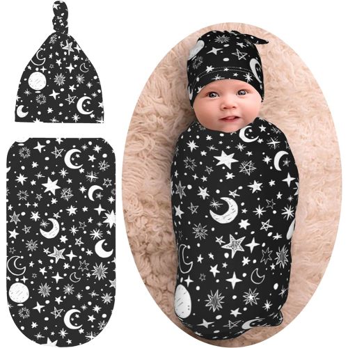 Moon Star Baby Stuff Swaddle Blanket Wrap Baby Newborn Blanket Soft Stretchy With Hat Set Gift For Infant Boy Girl