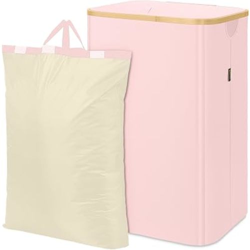BALEINE Laundry Hamper with Lid, Tall Laundry Baskets with Bamboo Pull Handles, Large Laundry Bin with Internal Support (26 Gal/100L, Light Pink)