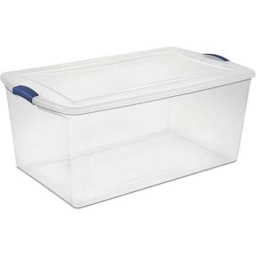 Blue 105 Quart Latch Box, Clear Plastic Storage Bin with Clear Lid