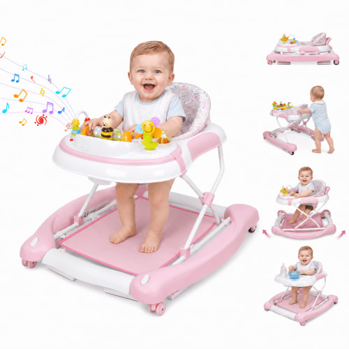 PRVAETU 5 in 1 Baby Walker,Jumper,Rocking,Push,Bouncer for Boys Girls,Foldable,Music & Light,Height Adjustable,Wheel for Infant,Pink Stripes