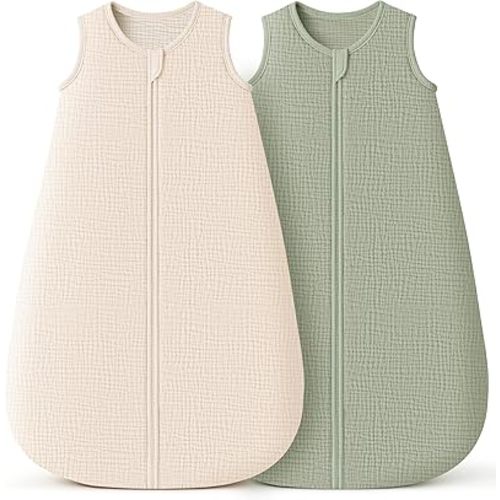 Konssy Muslin Baby Sleep Sack 0-6 Months 0.8 TOG, 2 Pack 100% Cotton Wearable Blanket for Babies, 2-Way Zipper Breathable Sleeping Sack Infant Toddler Essentials for Girls and Boys (Cream, Fog Green)